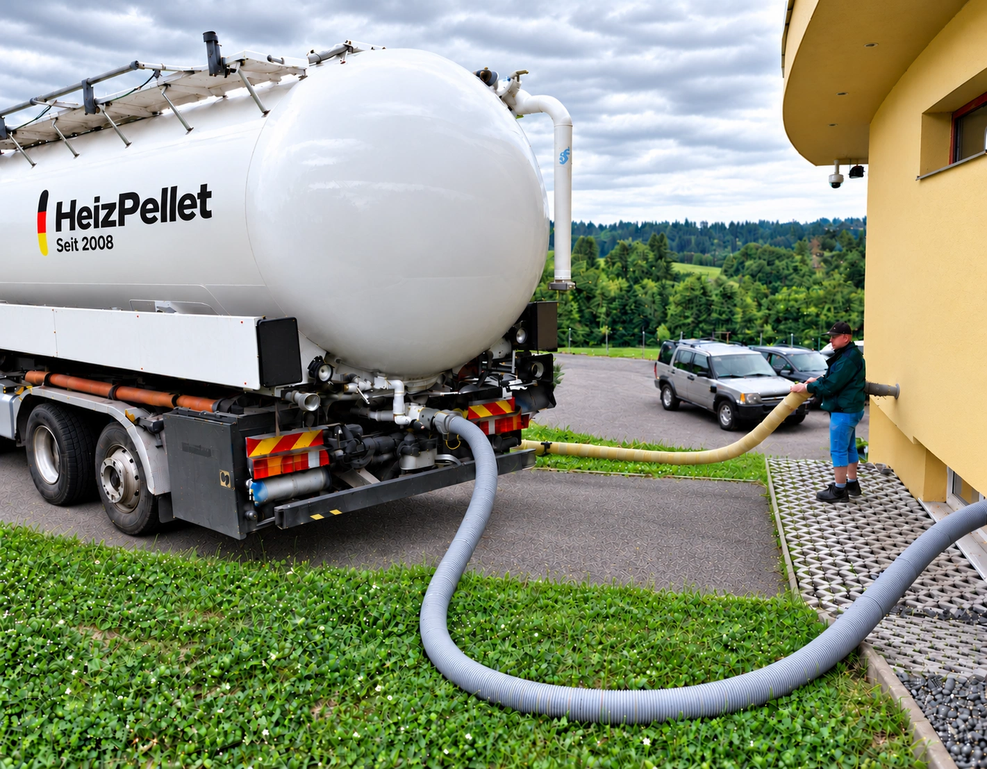 HeizPellet Silofahrzeug bei der Lieferung von Holzpellets direkt ins Kundenlager